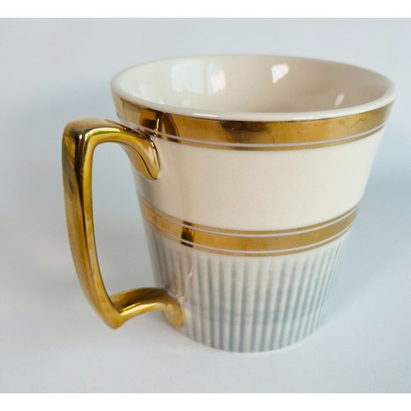 Anthropologie Home "Yours & Mine" Ceramic Cup Mug Ivory Blue Gold Set 2 Flaw - Picture 9 of 16